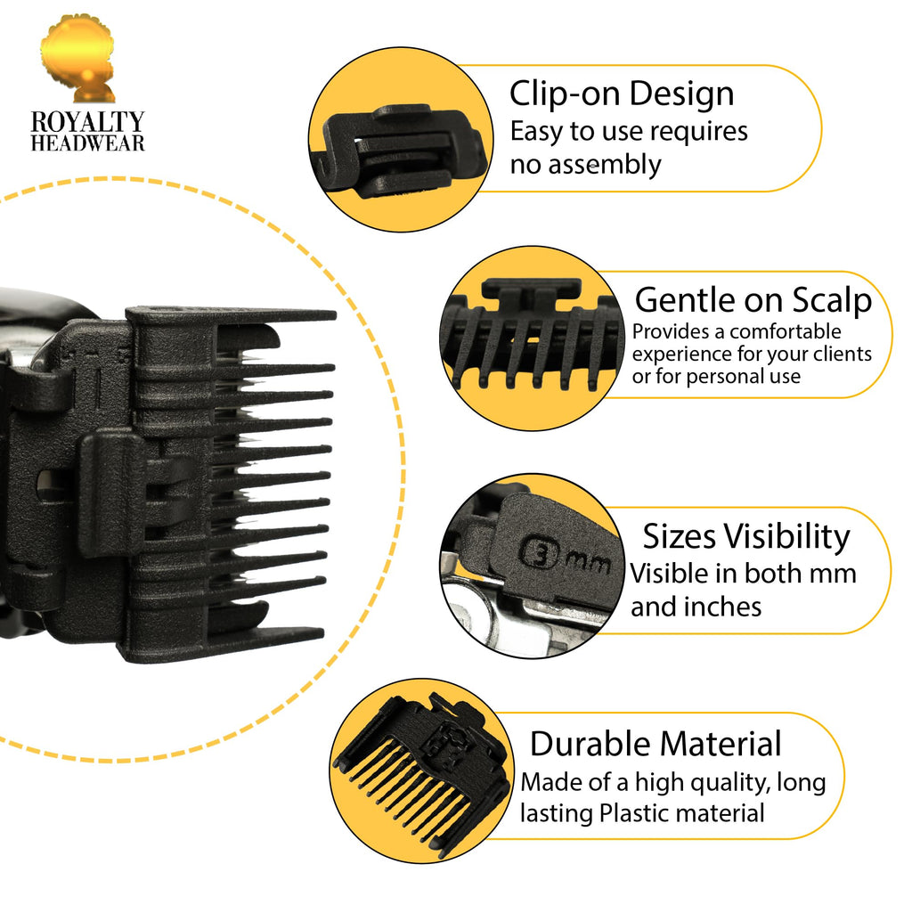 Royalty Headwear Professional Hair Clipper Guards Cutting Guides - Fits All Wahl & Babybliss Clipper Trimmers - 3 Adjustable Lengths in 1 Guard (1.5mm, 3mm, & 4.8mm)