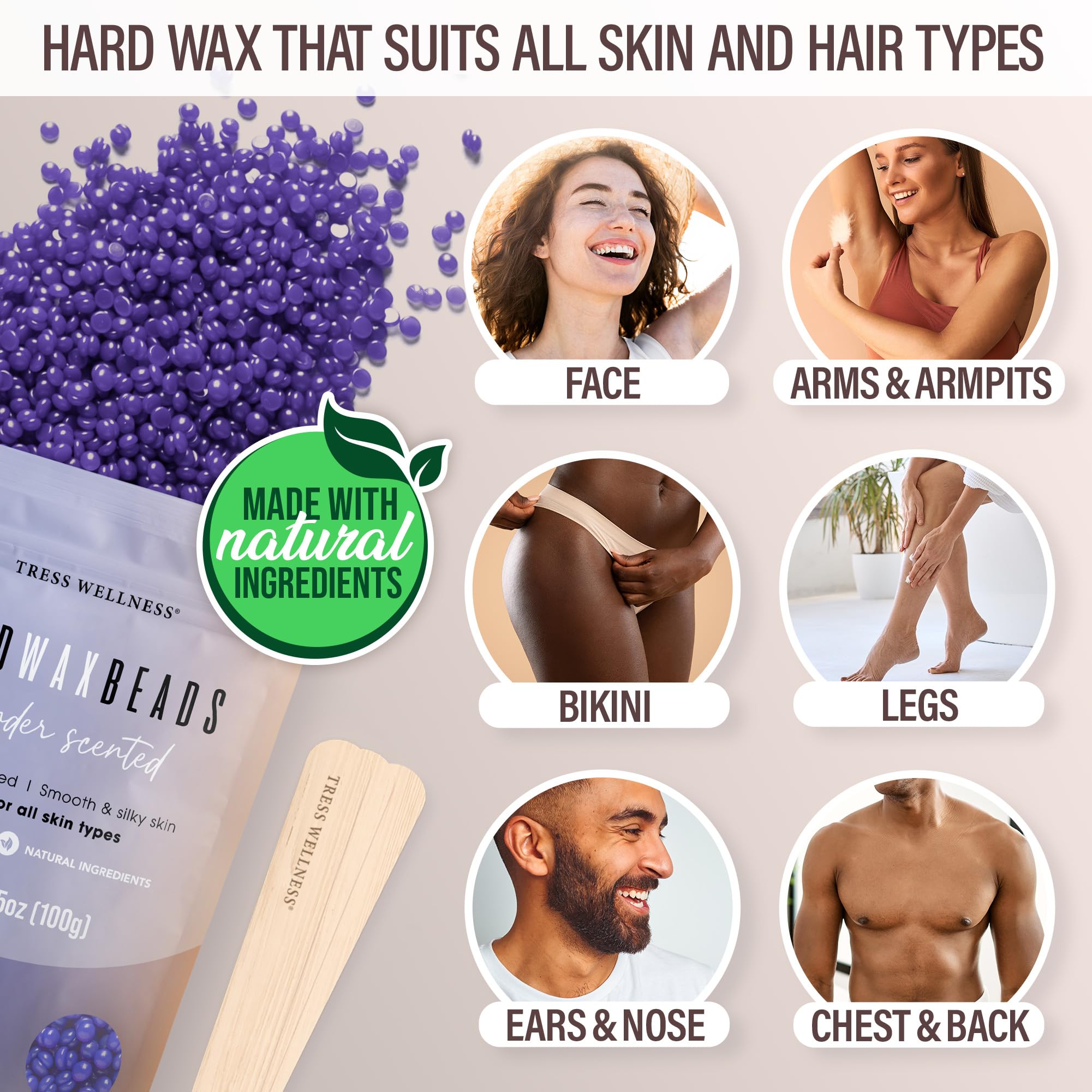 Tress Wellness Award Winning Waxing Kit for Sensitive Skin – Safe for Face & Skin, Easy to Use – At-Home Kit for Face, Bikini, Brazilian & Full Body - Digital Display, Dusty Chocolate