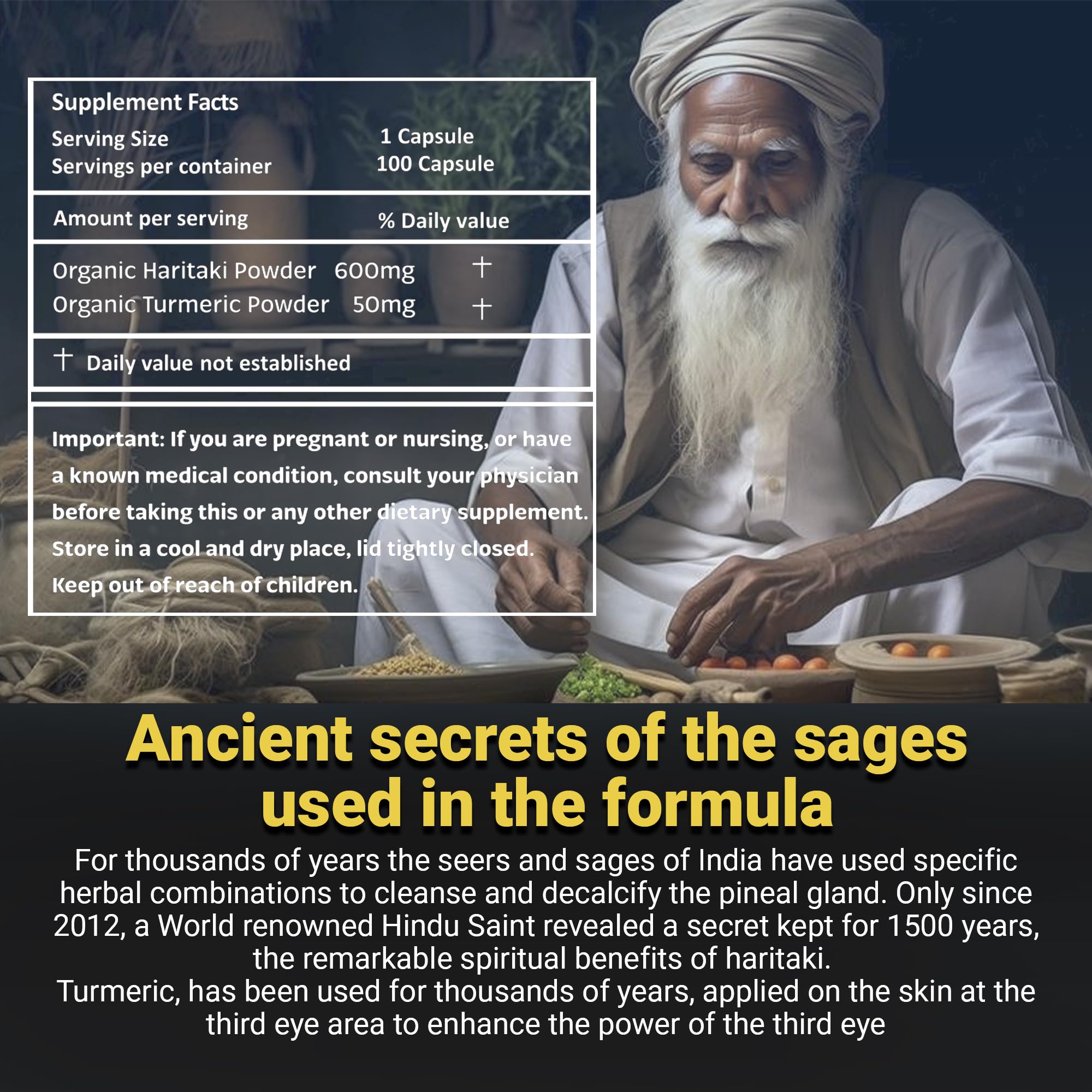 Kailash Herbals Pineal Gland Activation – Haritaki & Turmeric for Third Eye Awakening, Decalcification Support & Mental Clarity – King of Herbs – 5,000 Year Ayurvedic Formula – 100 Vegan Capsules