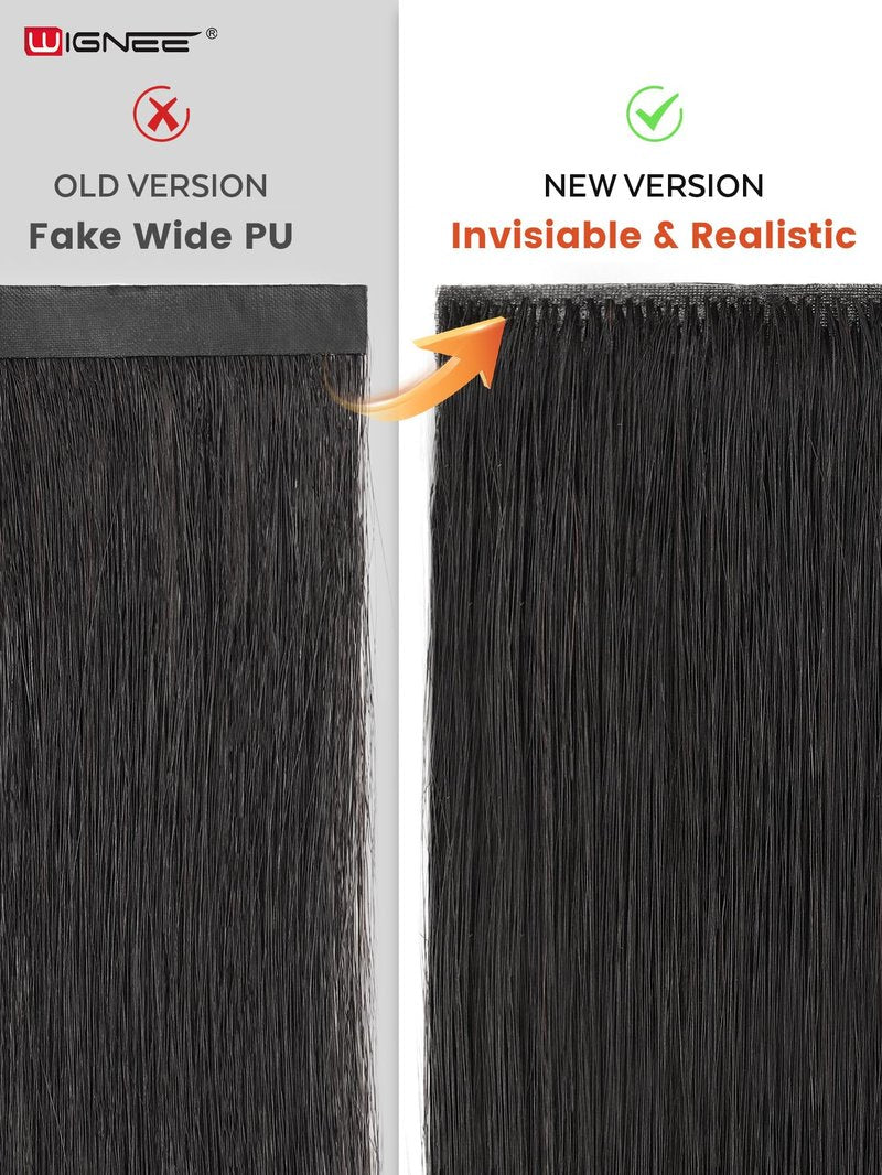 WIGNEE Invisi Edge Black Clip In Hair Extensions Real Human Hair 18inch 130g 8Pcs Machine-Inserted PU Base Human Hair Extension Clip Ins Glueless Remy Hair Extensions for Women