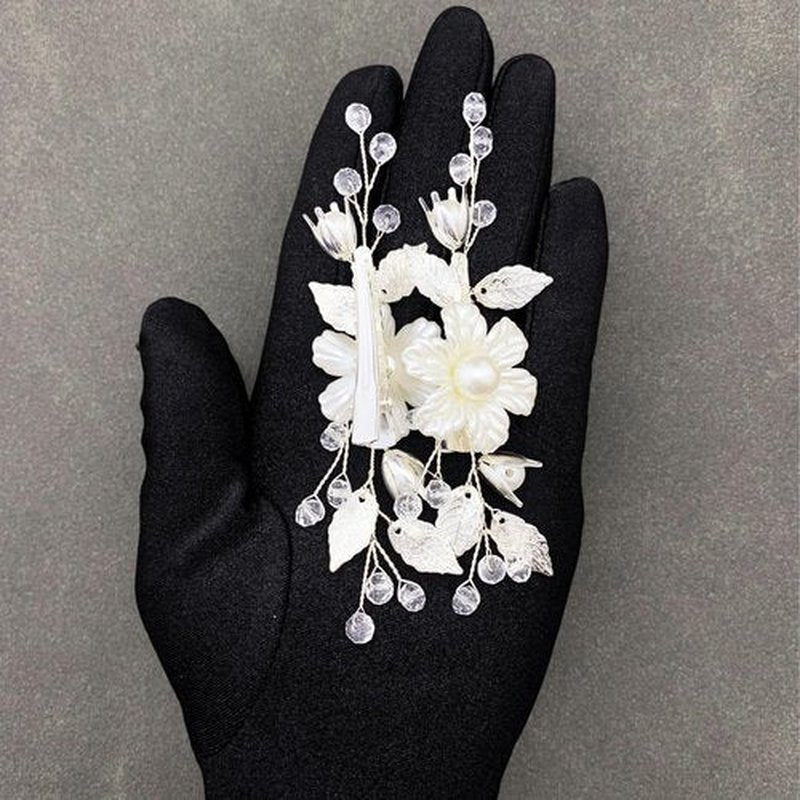 PRETTYLIFE Pearls Flower Hair Clips 2pcs Bridal Ivory Floral Silver Leaf Vine Hair Pieces Accessories for Wedding Women