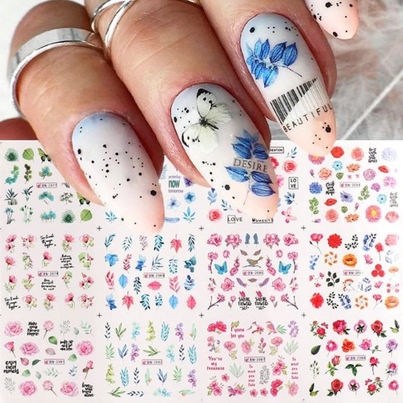 48 Sheets Flowers Nail Art Stickers, Holographic Spring Floral Water Transfer Nail Decals Design, Flowers Leaf Butterfly Nail Sticker for Women Girls Manicure Decorations Resin Nail Decal Tattoo Set