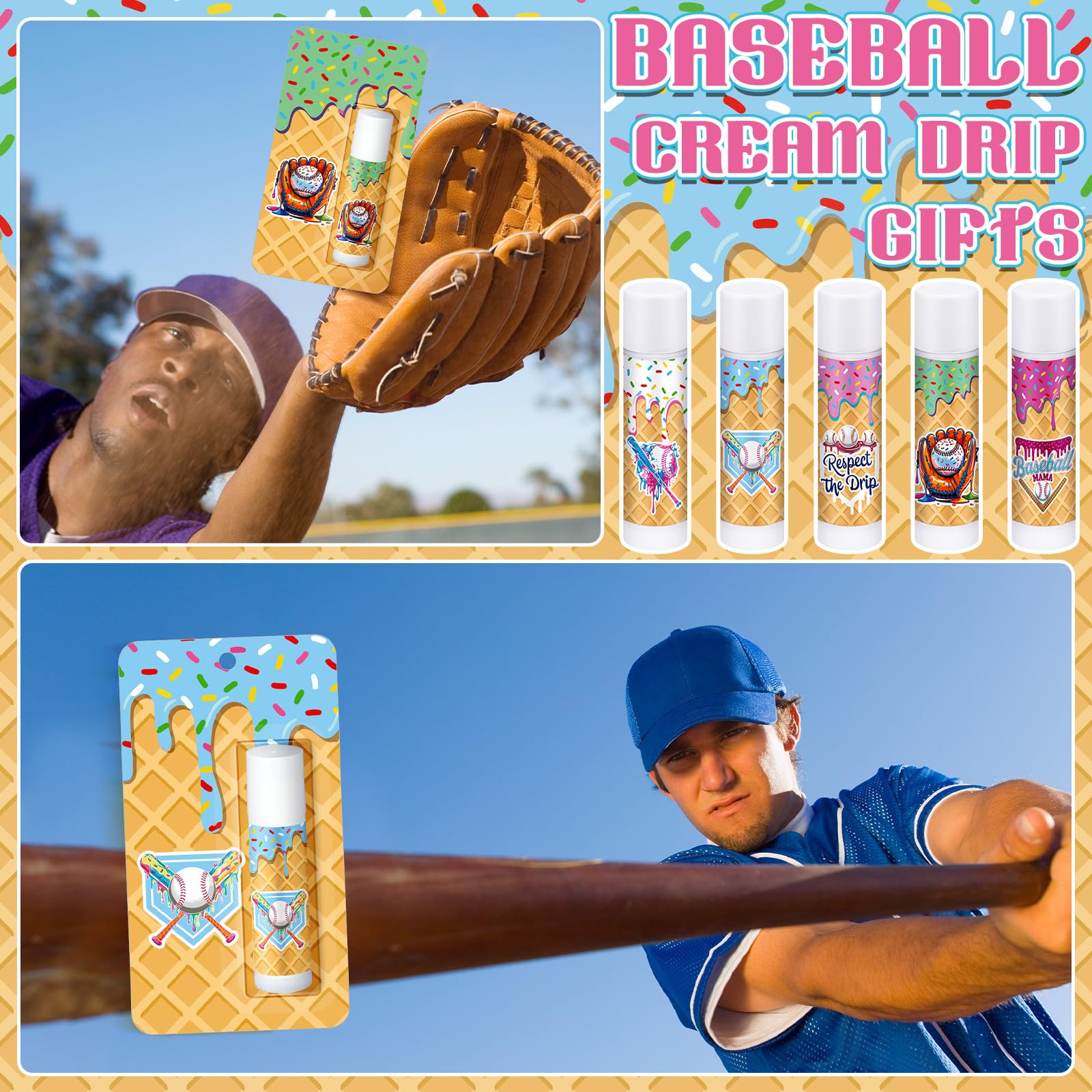 Loopeer 45 Pcs Ice Cream Baseball Drip Party Favor Gifts Bulk Baseball Drip Lip Balms Goodie Bags Favors Sports Team Gifts Birthday Party Decoration Inspirational Accessories for Teen Adult(Classic)
