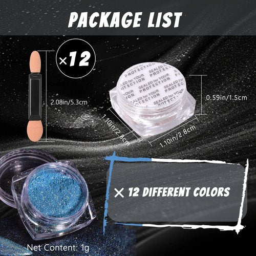 MKNZOME 12 Jars Holographic Nail Powder, Chrome Nail Powder Kit Black Blue Ultra Fine Glitter Powder Set, Rainbow Neon Pigment Manicure Glitter Dust with 12 Pcs Dual Sides Sponge Applicators