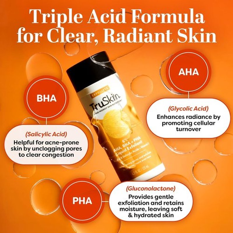 TruSkin BHA Liquid Exfoliant & Toner - Triple Acid AHA BHA PHA Formula with Salicylic & Vitamin C | 4.2 fl oz