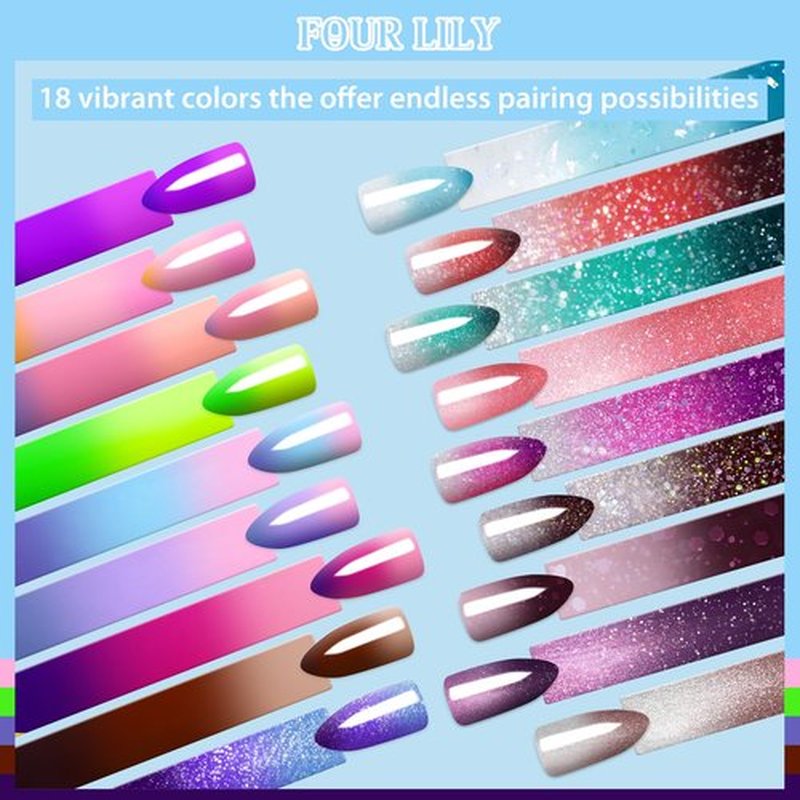 Four Lily Color Changing Gel Nail Polish Set, 18 Colors Red Pink Glitter Blue Purple Mood Temperature Change Nail Polish Gel Set Soak Off Nail Art Gel DIY Salon Valentine's Day Manicure Gift
