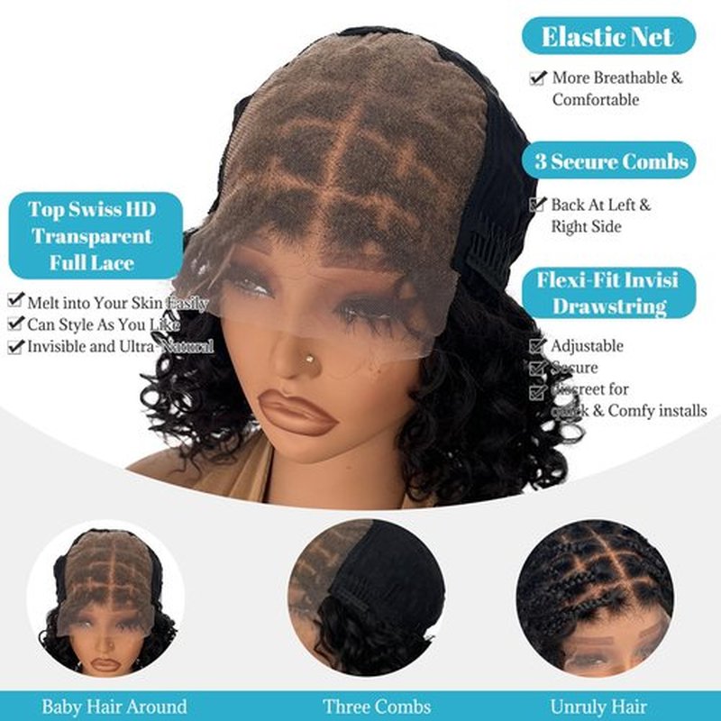 Bohemian Box Braided Bob Wigs Human Hair 5x5 HD Transparent Lace Closure 10 Inch 200% Density for Women Boho Knotless Box Braided Wigs with Baby Hair Lace Front Curly Bohemian Braids Bob Wig