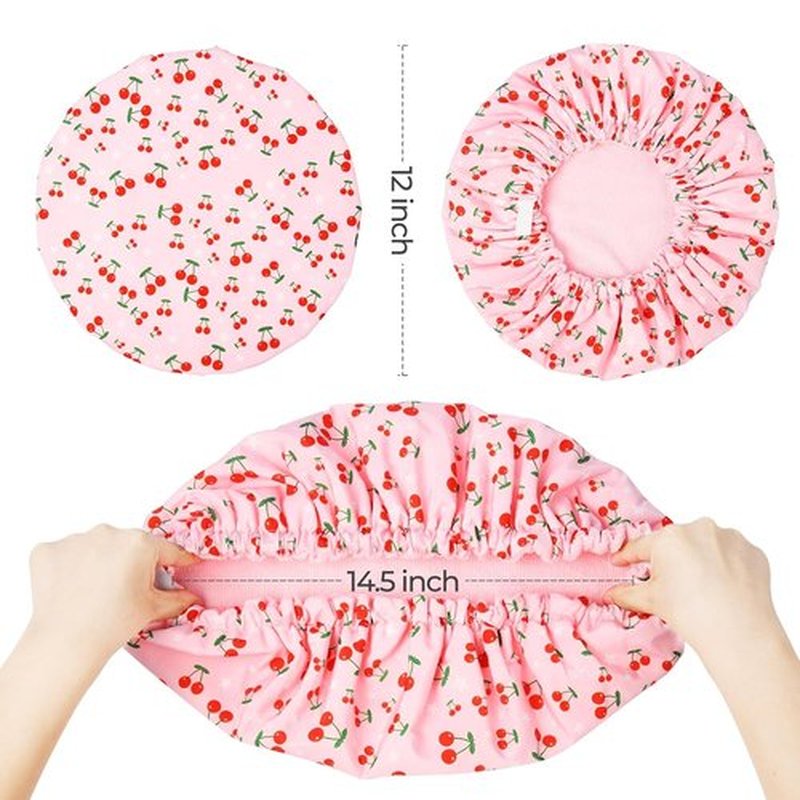 Skiennix Shower Cap - Terry Lined Waterproof Bath Cap for Long Thick Hair - Pink, Large Size