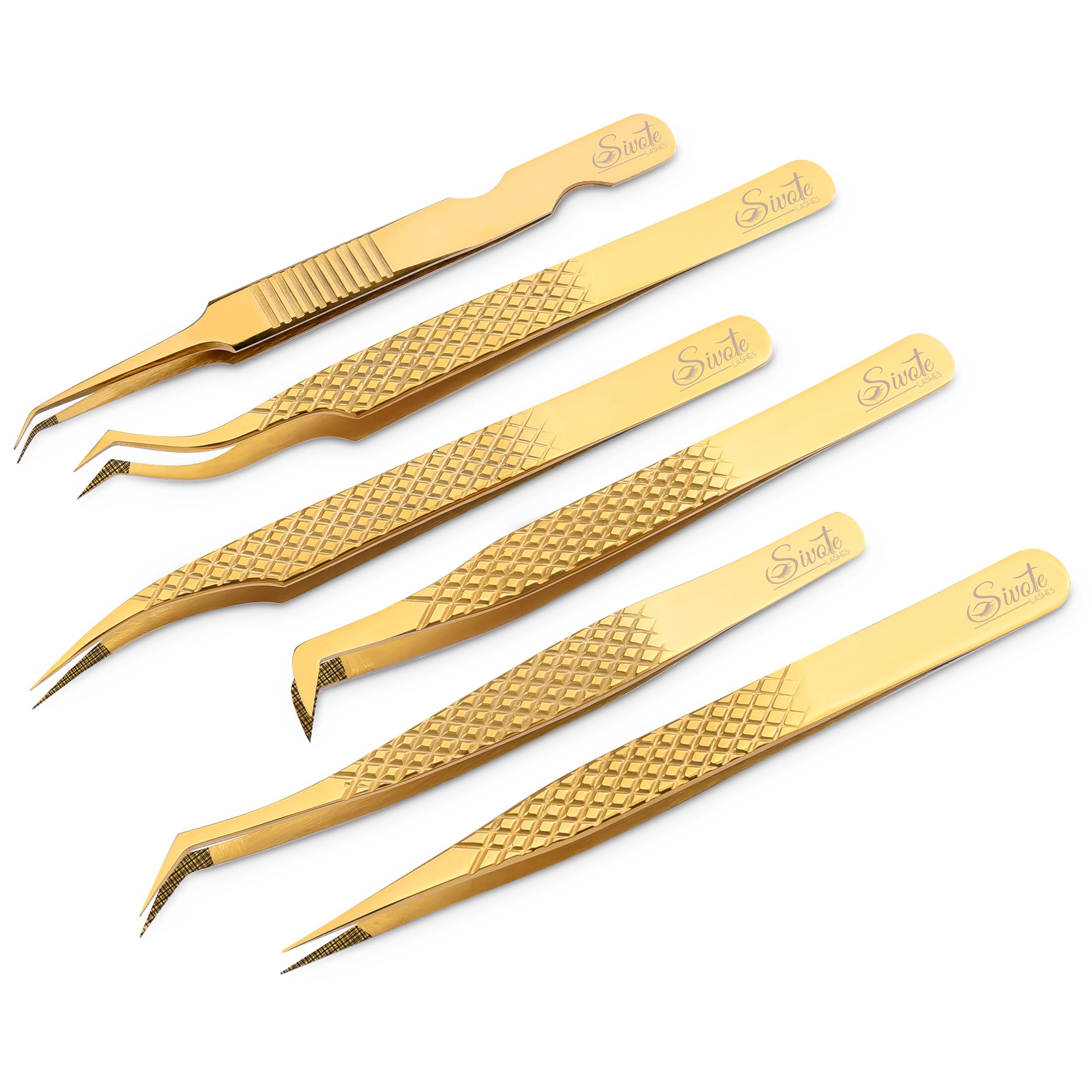 SIVOTE Eyelash Extension Tweezers Fiber Tips Japanese Steel, Set of 6 – Curved, Dolphin, 90° 45° Volume Boot & Slight Curved Tweezer – Professional Lash Tweezers for Lash Extensions Gold