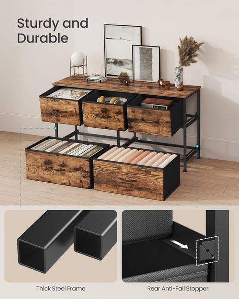 SONGMICS Dresser - 5-Drawer Storage Organizer Unit in Rustic Brown & Ink Black | Stylish Bedroom Chest
