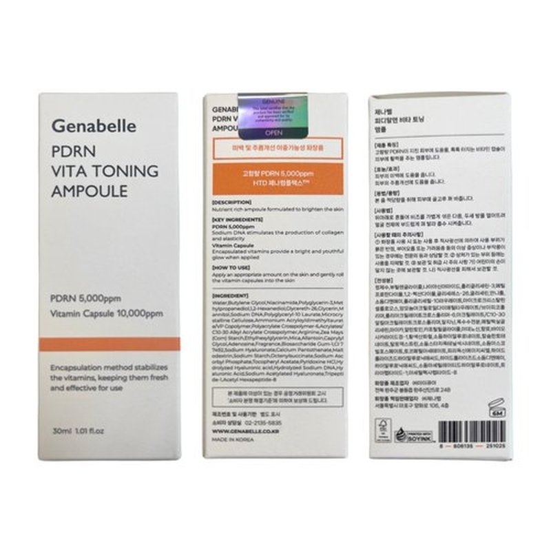 Genabelle PDRN Vita Toning Ampoule - Lightweight Glass Skin & Toning Ampoule with Vitamin B, C, E, PDRN, Serum for Blemishes, Fine Lines and Rough Skin Texture, 1.01 fl oz