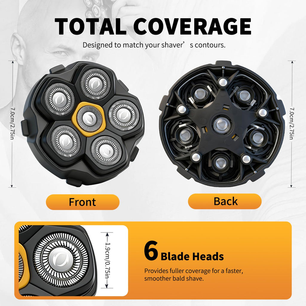 6 Blade Magnetic Replacement Shaving Heads for 6D Bald Head Shavers, Compatible with Most Magnetic Electric Razors for Men (3 Packs)