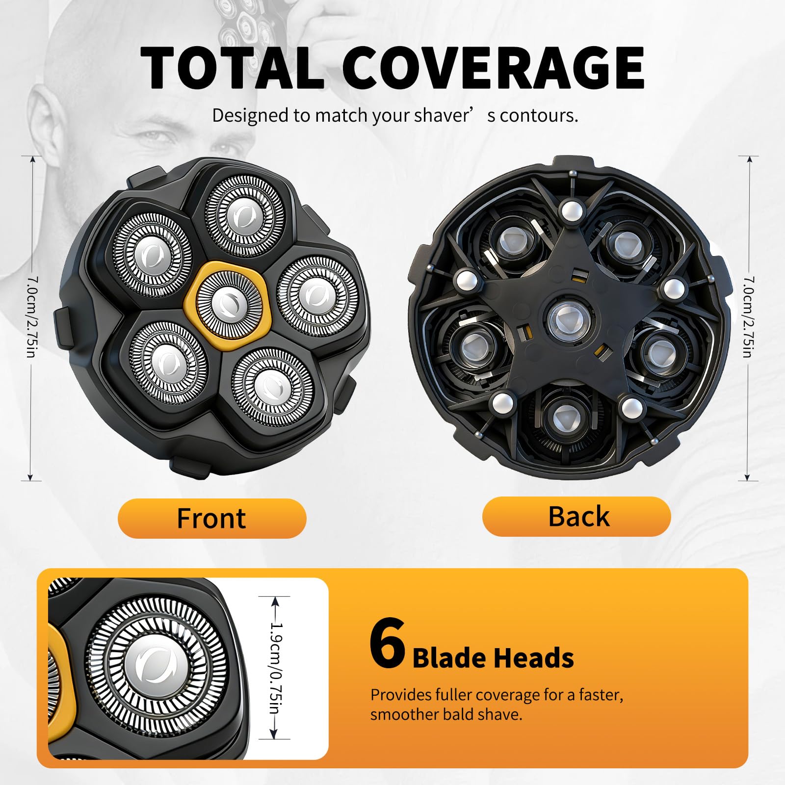 6 Blade Magnetic Replacement Shaving Heads for 6D Bald Head Shavers, Compatible with Most Magnetic Electric Razors for Men (3 Packs)