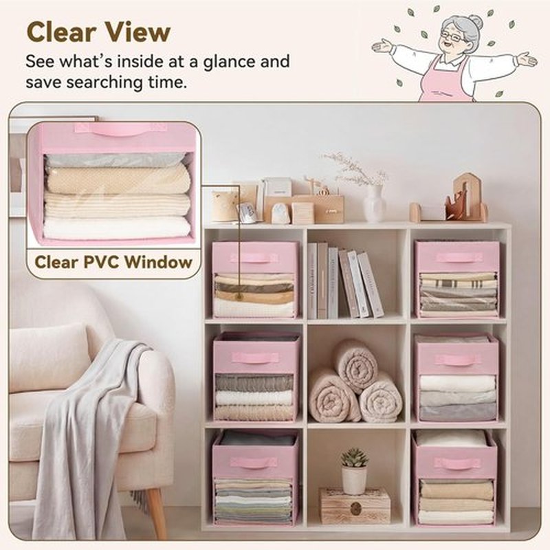 Granny Says Cube Storage Bins - 11-Inch Collapsible Fabric Organizers with Clear Window | Pink 6-Pack