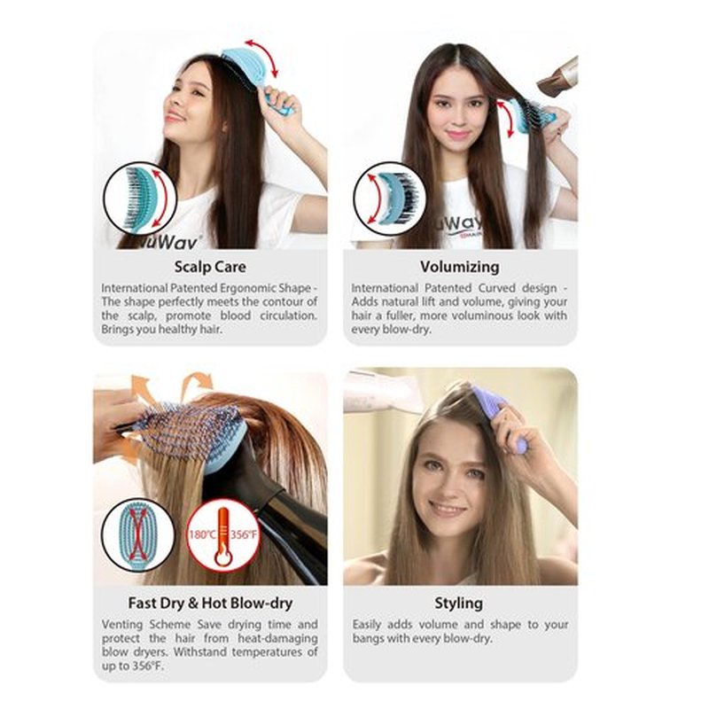 NuWay 4HAIR® DoubleC PRO® U.S. Patented Double Curved Detangling Brush is Hair Dryer Safe (Iron Black)