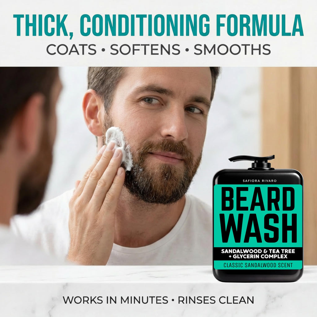 Safiora Rivaro Beard Wash for Men with Tea Tree & Sandalwood – Hydrating Beard Shampoo Softener for Coarse Hair, Grooming Cleanser for Daily Care Routine – Moisturizing Wash for Black Men (16 Fl Oz)