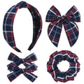 DEEKA School Uniform Plaid Hair Bows & Knotted Plaid Headband & Scrunchies Fable Hair Bow Set Alligator Clips for Toddler Girls Hair Accessories for Little School Girls (Dark Navy&Red)