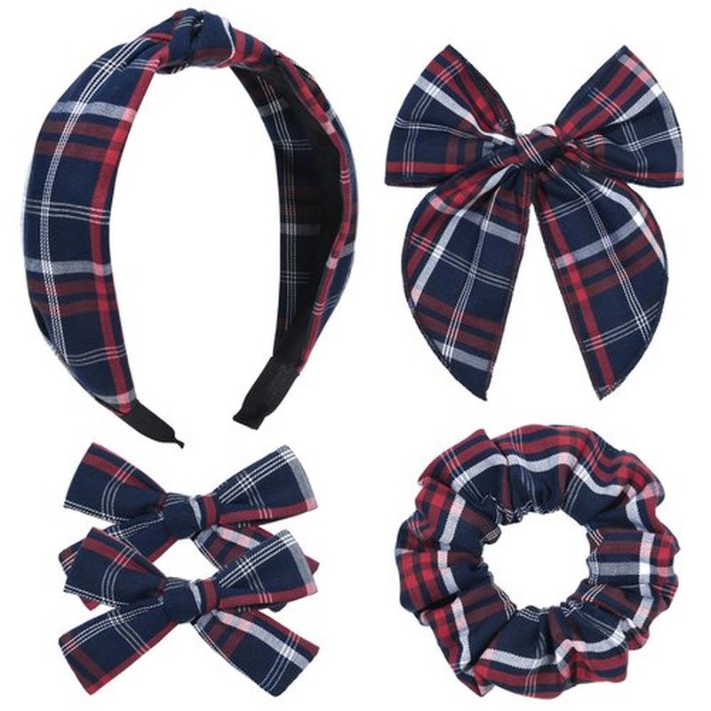 DEEKA School Uniform Plaid Hair Bows & Knotted Plaid Headband & Scrunchies Fable Hair Bow Set Alligator Clips for Toddler Girls Hair Accessories for Little School Girls (Dark Navy&Red)