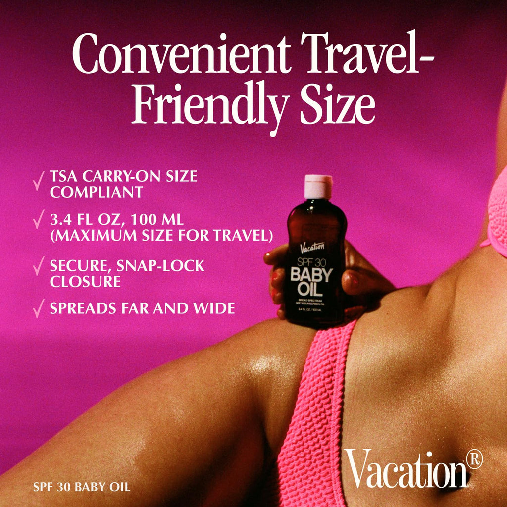 Vacation Baby Oil SPF 30 Sunscreen Oil and Air Freshener Bundle, 3.4 Fluid Ounces - Hydrating, Lightweight, Body Sunscreen, Transparent on All Skin Tones, Water-Resistant, Vegan