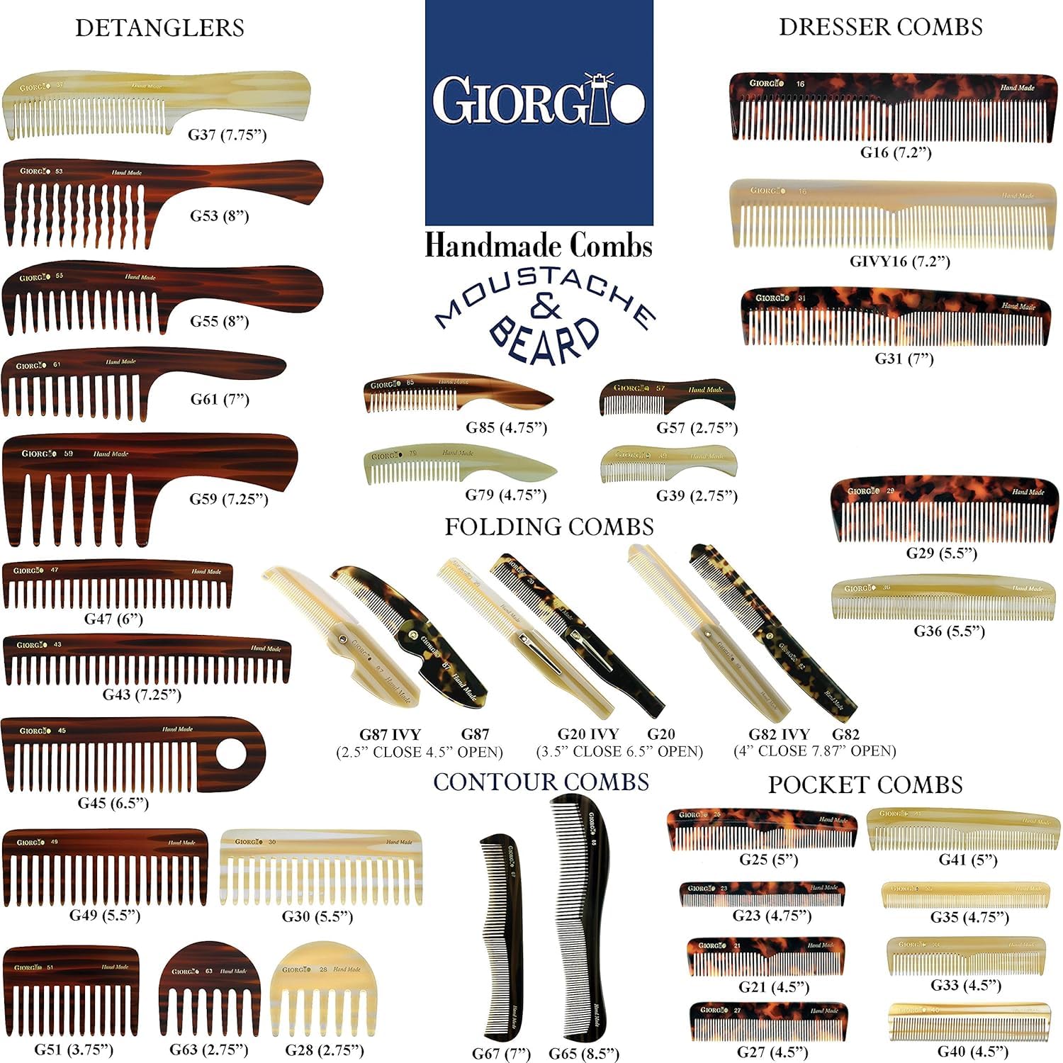 Giorgio G20G Fine Tooth Folding Mustache and Beard Comb - Small Pocket Comb for Everyday Hair Care and Styling - Sawcut and Hand Polished (Black Graphite)