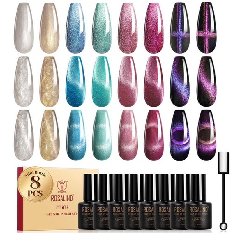 ROSALIND Cateye Gel Polish, 8 Colors Holographic Magnetic Cat Eye Gel Nail Polish Set with Magnet, Red Blue Purple Black Gel Polish Galaxy Collection Nail Art Gift DIY at Home