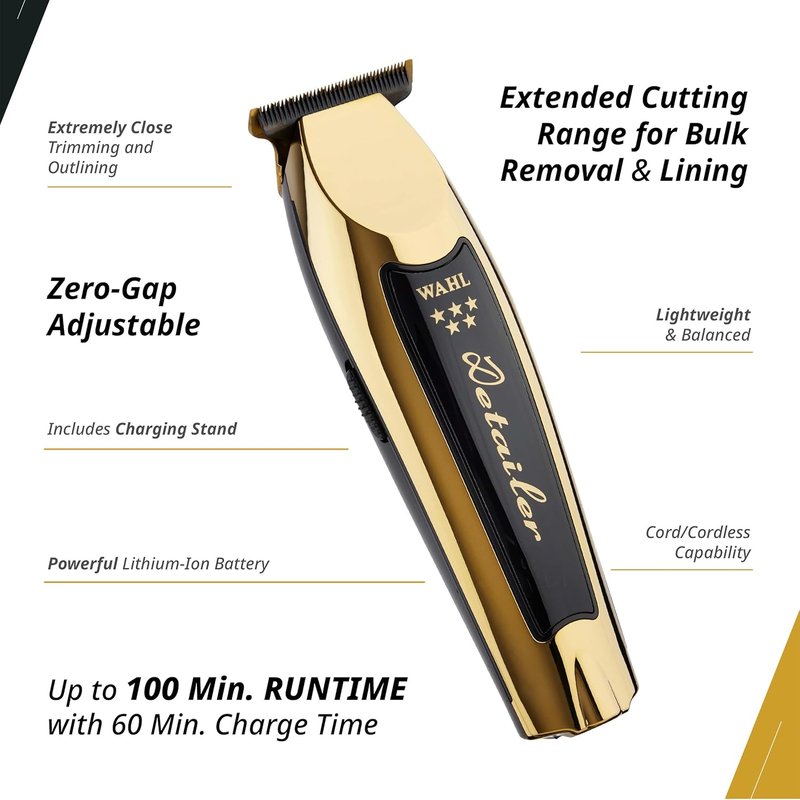 Wahl Professional 5 Star Cordless Detailer Li Trimmer - T Wide Blade, 100 Min Runtime & Charging Stand