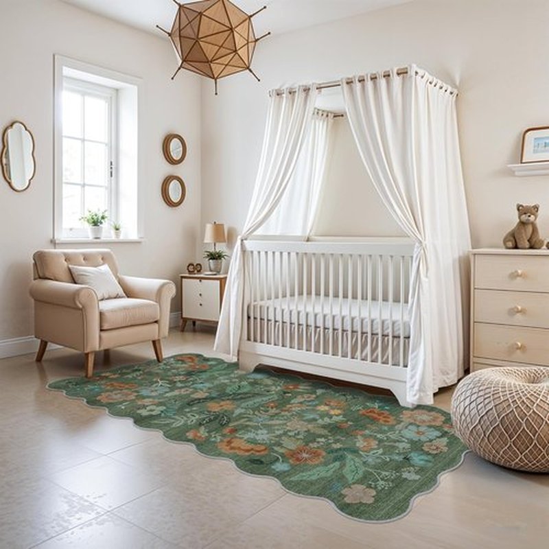 Hallway 3x6 Washable Runner Rug - Elegant Floral Scalloped Design | Soft Non-Slip Carpet for Entryway & Living Room