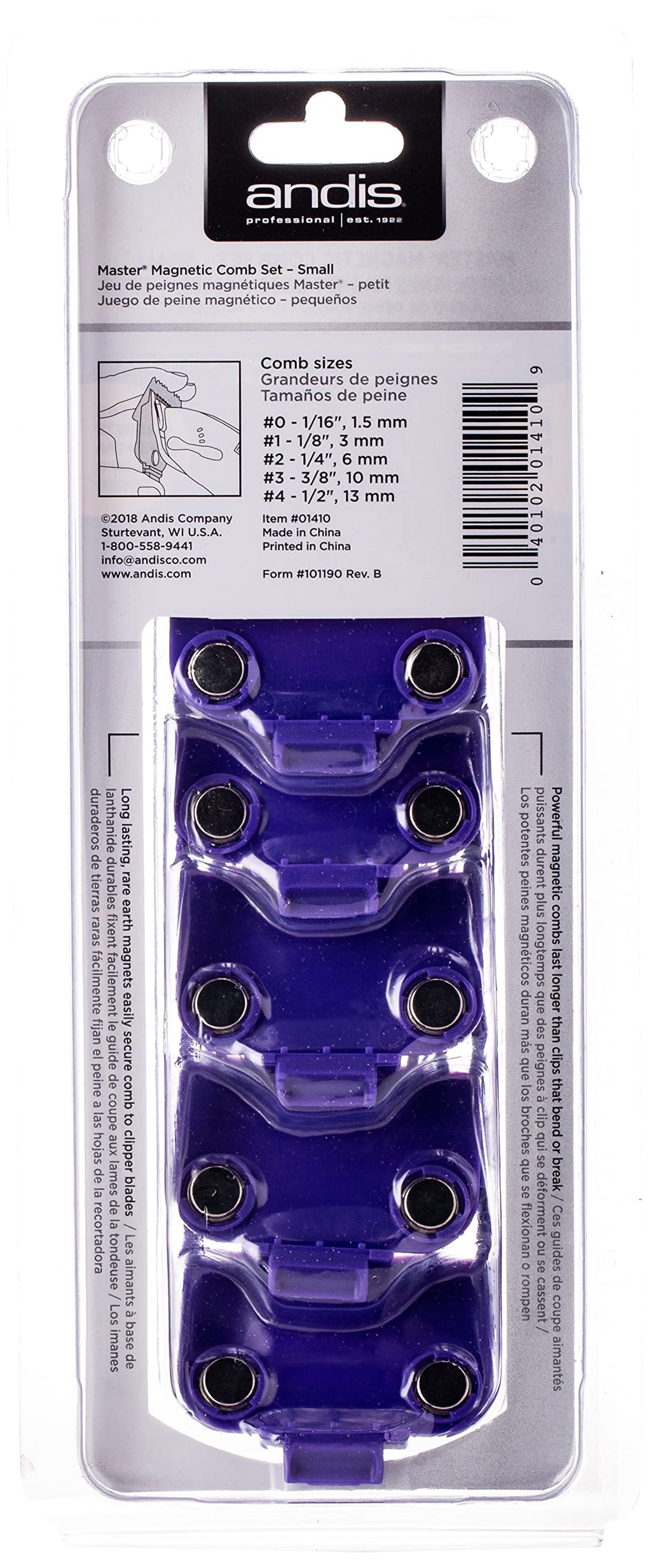 Andis 01410 Professional Master Clipper Guards - Dual Magnet Comb Set – Small, fits for MBA, MC-2, ML, PM- & PM-4, Waterproof – Purple, Set of 5 (Pack of 6)
