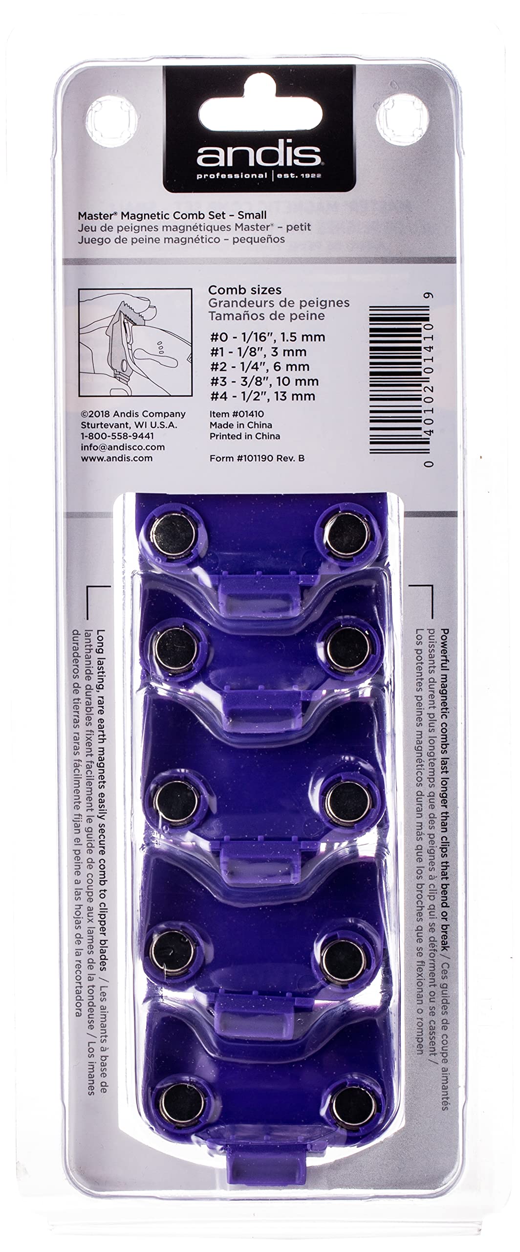 Andis 01410 Professional Master Clipper Guards - Dual Magnet Comb Set – Small, fits for MBA, MC-2, ML, PM- & PM-4, Waterproof – Purple, Set of 5 (Pack of 6)