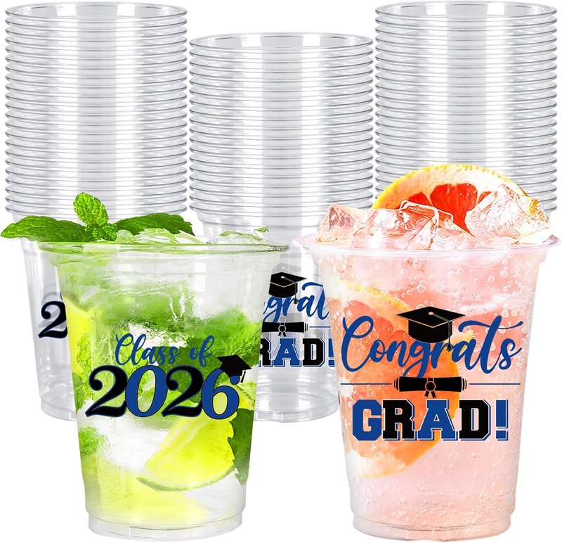 Whaline Graduation Plastic Cups - 50 Pcs 12 Oz Congrats Grad in Black & Blue | Perfect for Class of 2026 Party Decor