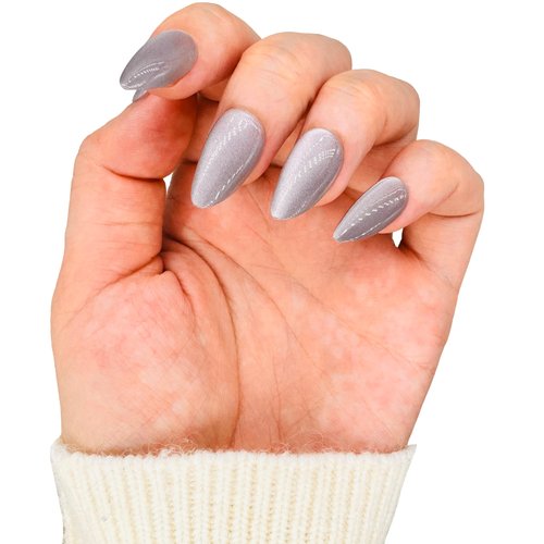Citchniboul Press on Nails Almond - Grey Cat Eye French Tip Fake Nails, Glazed Glue On Nails for Women Gifts, Natural Stick On Nails in 12 Sizes - 24 Soft Gel Fake Nail Kit，Starry Sky