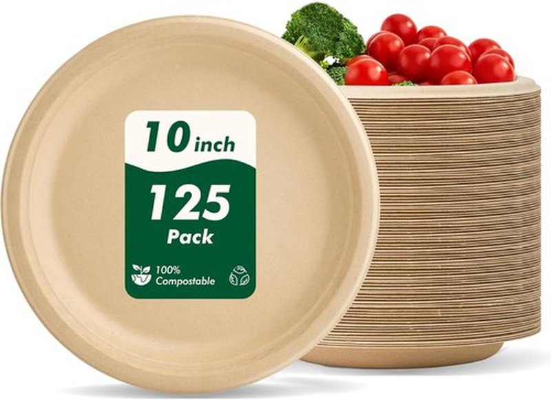 Regine Switzerland Heavy-Duty Compostable Paper Plates - 10 Inch, 125 Count, Eco-Friendly & Microwavable