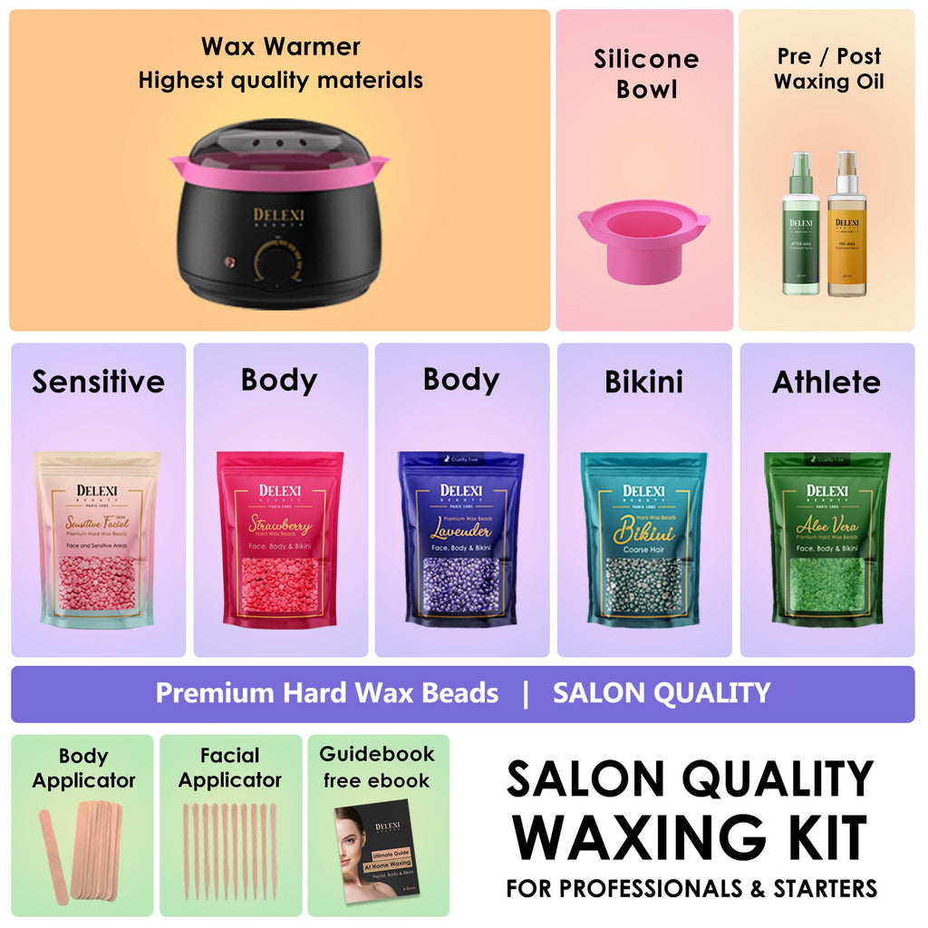 DELEXI Premium Waxing Kit for Women & Men – Painless Hard Wax Beads for Coarse Hair, Smart-Heat Wax Warmer (No Burns), 41-Piece Set for Brazilian, Bikini & Face – Resultados de Salón en Casa