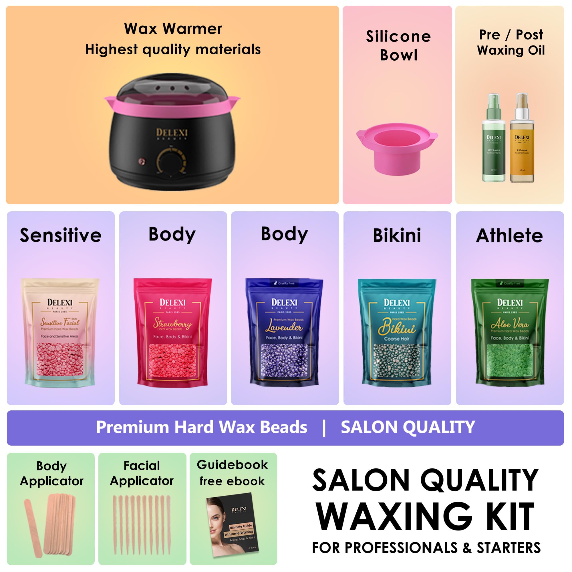 DELEXI Premium Waxing Kit for Women & Men – Painless Hard Wax Beads for Coarse Hair, Smart-Heat Wax Warmer (No Burns), 41-Piece Set for Brazilian, Bikini & Face – Resultados de Salón en Casa