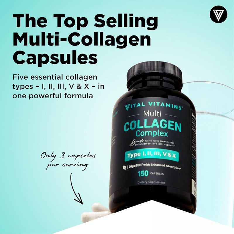Vital Vitamins Multi Collagen Capsules - Type I, II, III, V, X - Grass Fed & Non-GMO - 150 Count