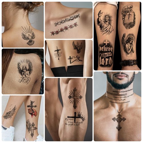 77 Sheets Christian Temporary Tattoo Adult, Religious Jesus Christ Cross Angels God Half Arm Fake Tattoos, Christ Catholic Realistic Tiny Body Temporary Tattoos for Men and Women Kids
