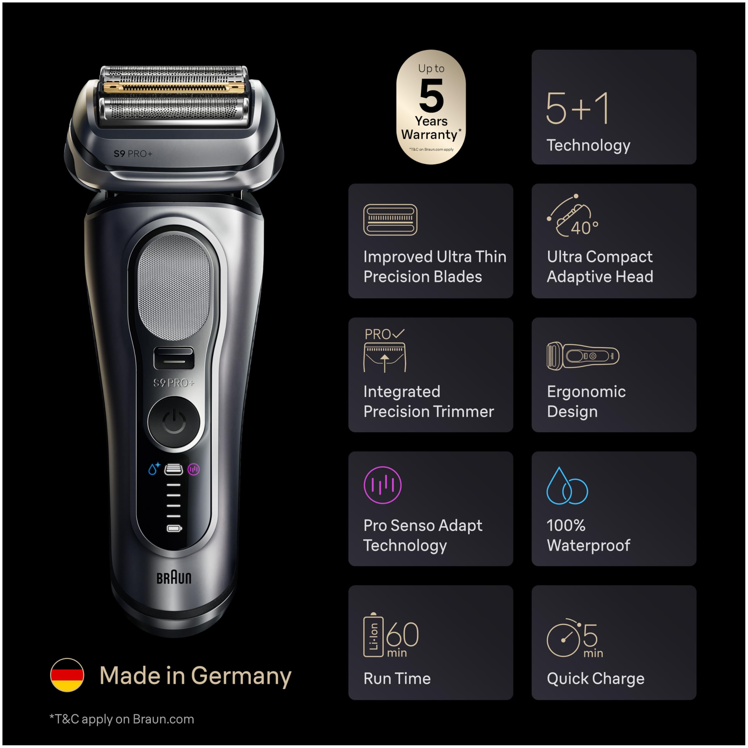 Braun Series 9 PRO+ Electric Shaver for Men, Wet & Dry Foil Razor, 6-in-1 SmartCare Clean & Charge Center, Built-in Precision ProTrimmer, Travel Case, Silver 9667cc