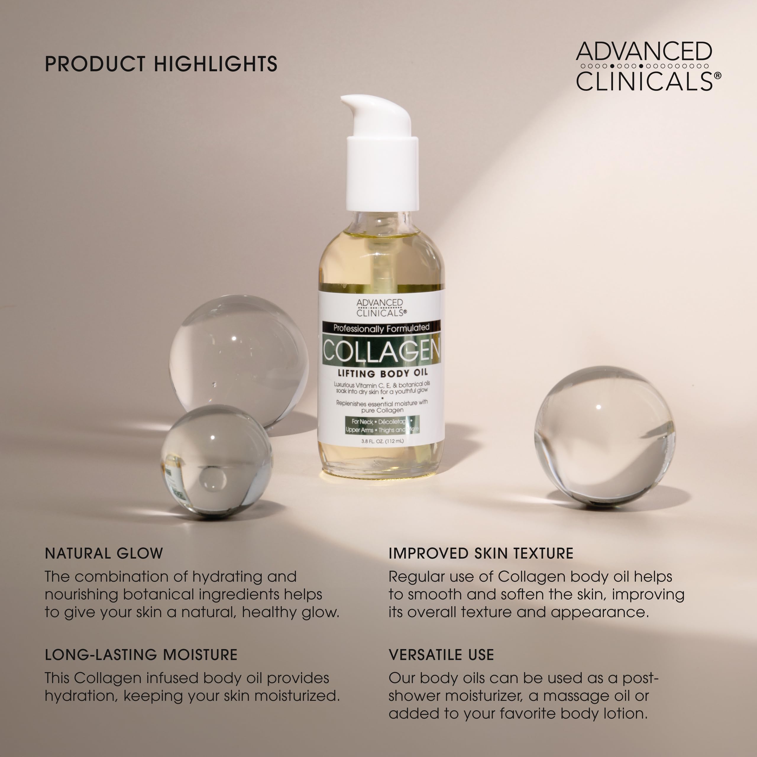 Advanced Clinicals Hydrating Collagen Oil For Body & After Shower | Visible Anti Aging Moisturizing Collagen Body Oil For Women & Men Helps Soften Appearance Of Crepe Skin & Wrinkles, 3.8 Fl Oz, 2pc