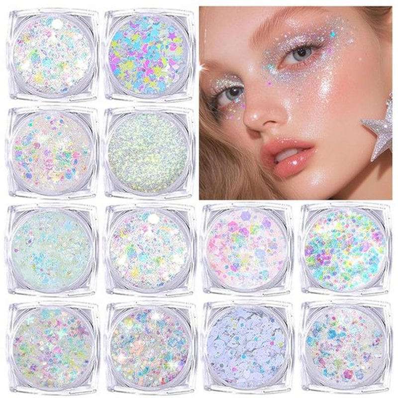 Skiennix Body Glitter - 12 Shapes Fine Chunky Glitter Gel for Makeup & Party Sparkles | White Scheme