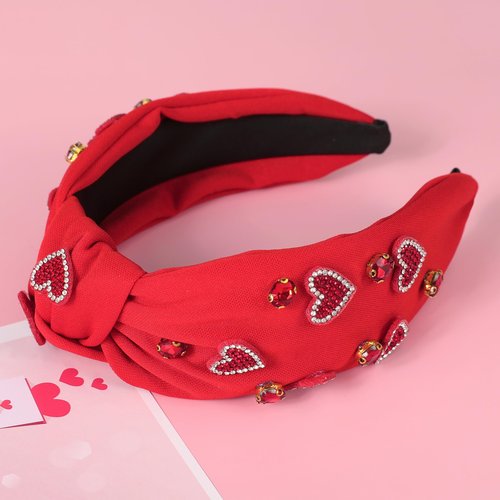 Gmmidea Valentine’s Day Heart Headband Rhinestone Beaded Galentines Headband for Women Girls Crystal Heart Knotted Hairband Cute Holiday Valentines Costume Head Band Party Decor