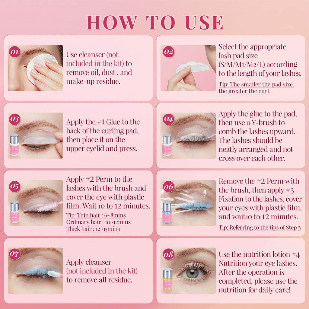 Lash Lift Kit, Eyelash Perm Kit with Glue Balm, Perm, Fixation, Nutrition, Silicone Pads for Lash Curling, Professional Lash Perm Set for Natural Long-Lasting Curl, Home Eyelash Lifting Kit for Women