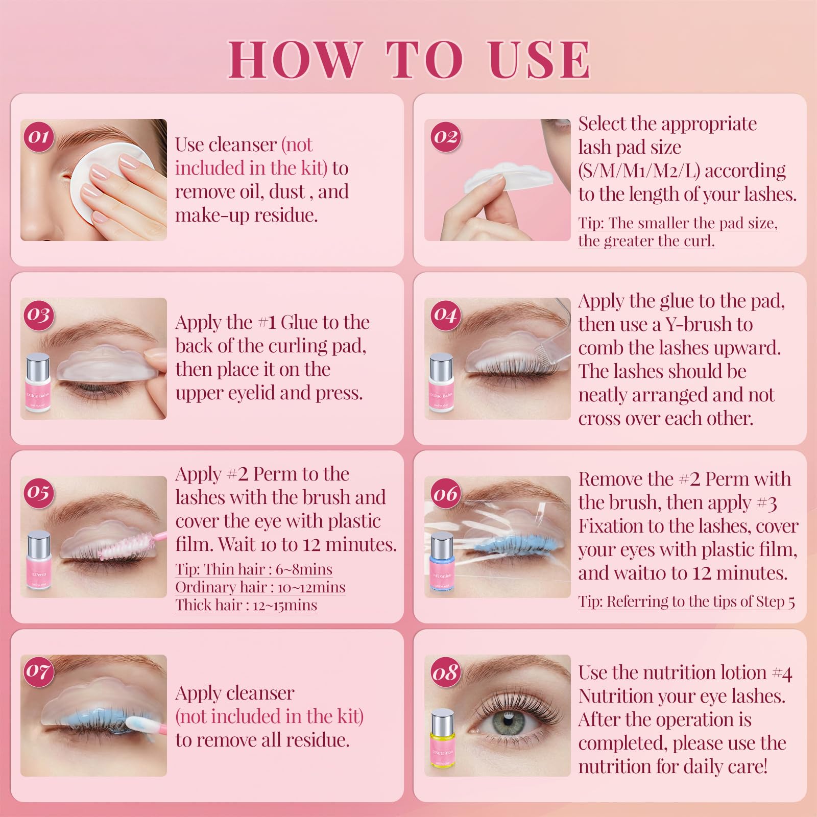 Lash Lift Kit, Eyelash Perm Kit with Glue Balm, Perm, Fixation, Nutrition, Silicone Pads for Lash Curling, Professional Lash Perm Set for Natural Long-Lasting Curl, Home Eyelash Lifting Kit for Women