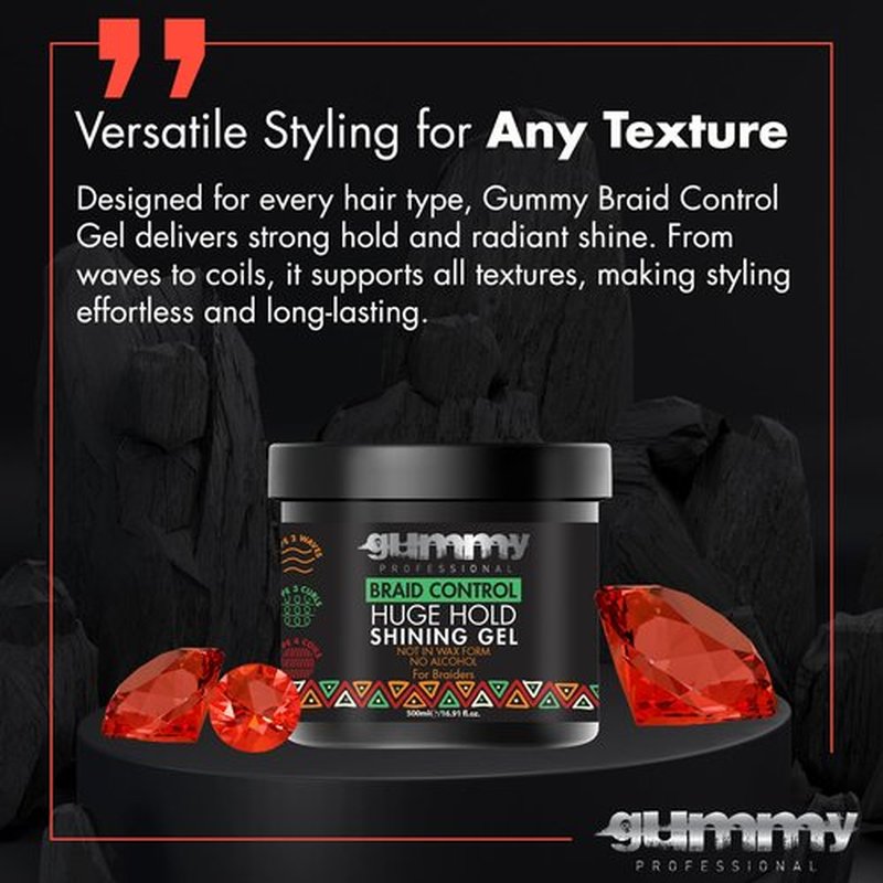 Gummy Professional Braid Control Hair Gel – Extreme Hold Edge Control for Braids, Locs, and Dreads – Shining Styling Gel for Men and Women – Anti-Frizz, Residue-Free, Professional Formula – 500ml