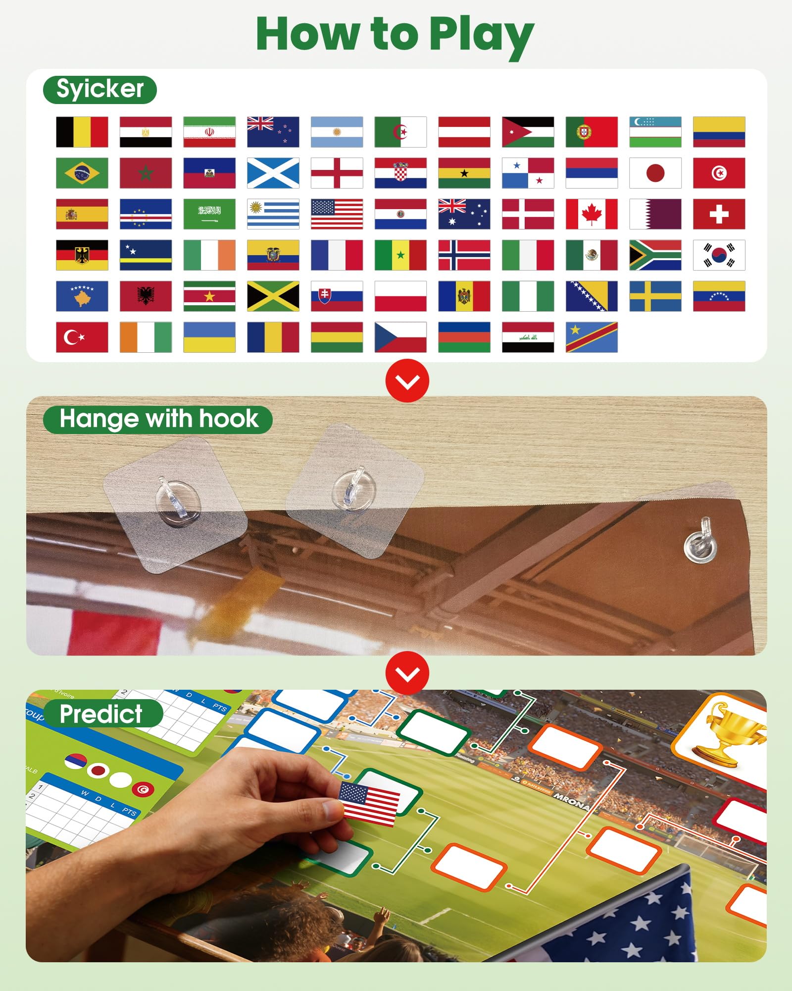 GAMSOD 2026 World Cup Schedule Poster – 39x59 Inches Tournament Bracket Wall Chart with Reusable National Flags Sticker& Hooks, DIY Predict Game Results, Great Soccer Fan Gift for Game Day Party