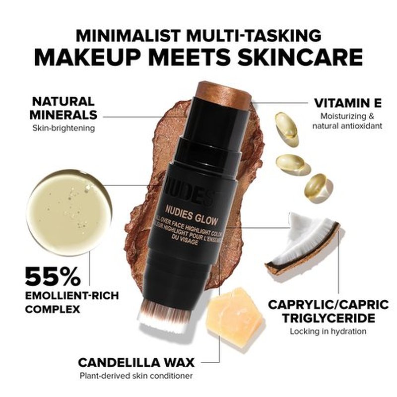 Nudestix Nudies Glow Highlighter Stick – Multi-Use Cream Highlighter for Cheeks, Eyes & Body with Built-In Brush | Dewy, Radiant Finish | Clean, Vegan & Travel-Friendly Makeup (Bubbly Bebe)