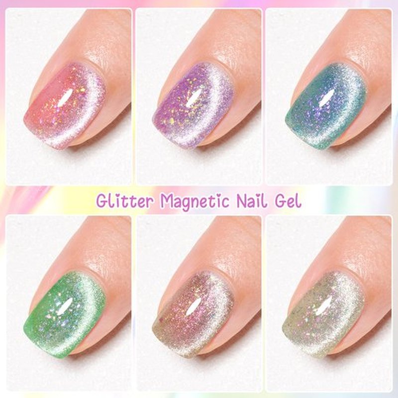 MTSSII Crystal Cat Eye Gel Nail Polish, 6 Colors with Magnet, Glitter Cat Eye Gel Polish Set for Home DIY Manicure Art Design