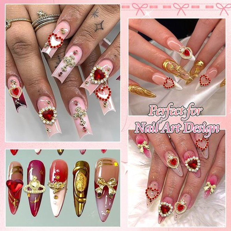 RODAKY 52PCS Valentines Nail Charms Red Heart Cherry Gems for Nails Metal Gold Butterfly Bows Roses Charms Jewelry Nail Art Accessories Supplies for Manicure DIY Design