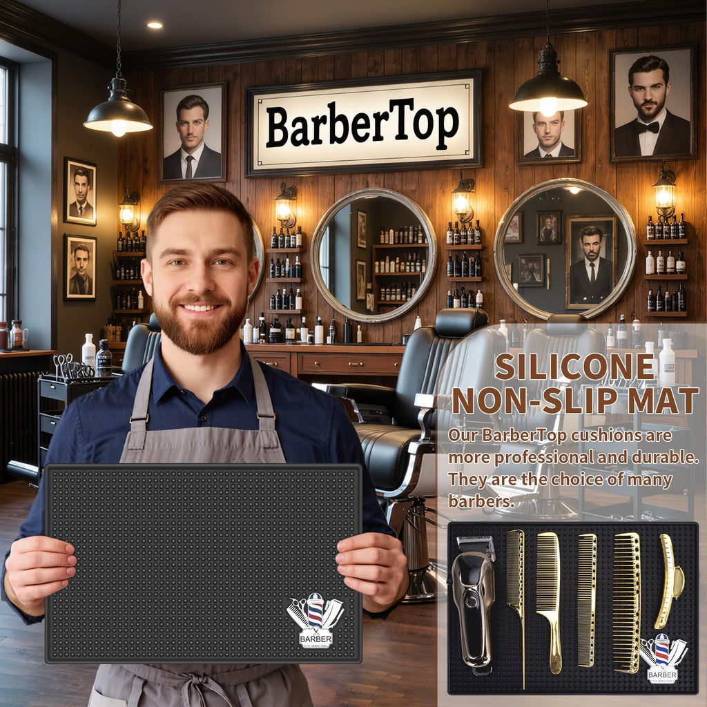 Barber Mat for Clippers Non-Slip Thickened Silicone Non-Slip Mat | Barber Shop Home Counter Workstation Organizer Mat for Scissors, Trimmers, Clippers, Hair Cards, Combs, Razors, etc (13.5*9.5 Inch)