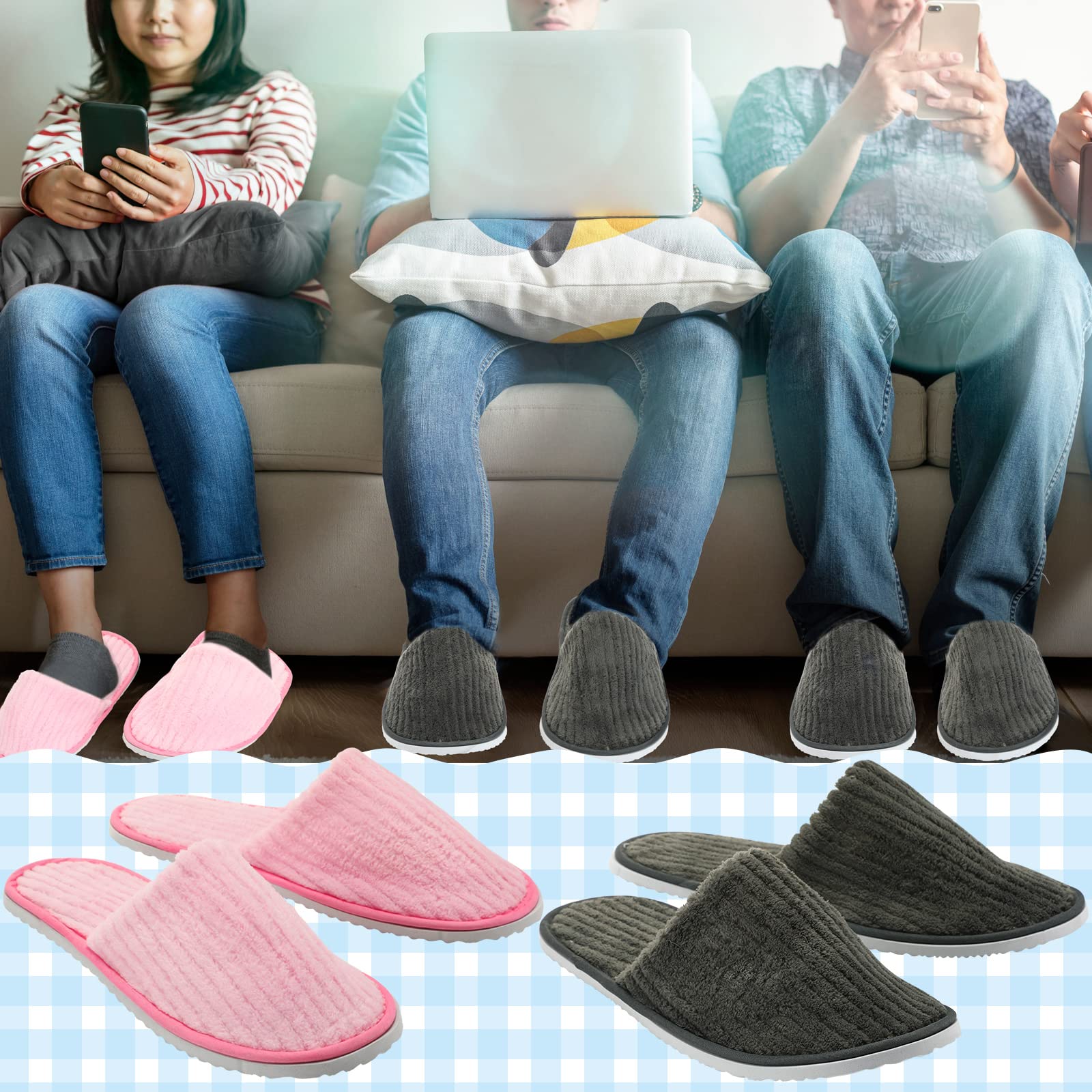 Zhehao 10 Pairs Disposable Slippers Washable House Slippers for Guests Bulk Women Men Spa Hotel Bath Slipper Soft Cotton Linen Non Slip Breathable for Indoor Travel Bedroom Party(Pink, Gray)