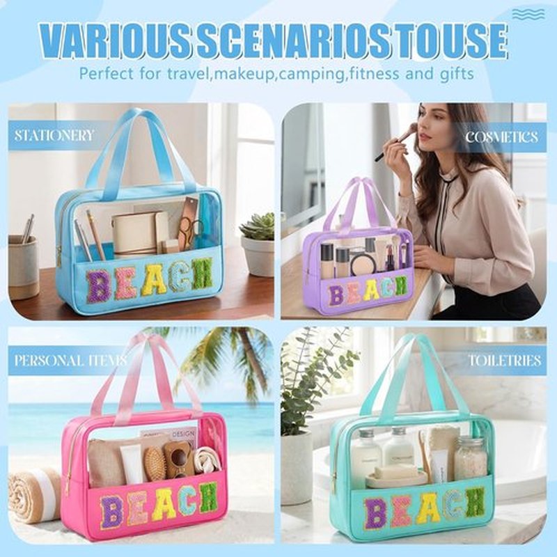 Hillban Clear Beach Makeup Bags - 6 Pcs Waterproof Travel Toiletry Bags with Handle | Large PVC Nylon Cosmetic Set for Summer Vacation